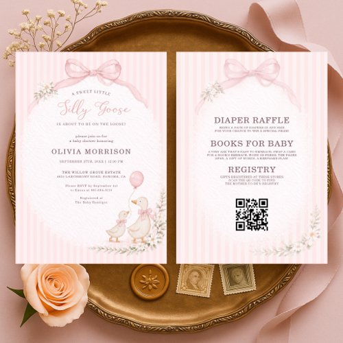All in One Silly Goose Pink Stripes Baby Shower Invitation
