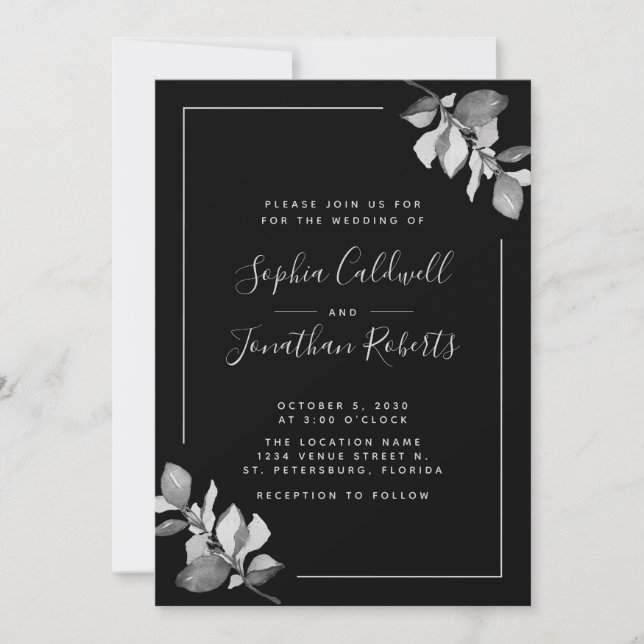 All in One Silver-Gray Eucalyptus Black Wedding Invitation (Front)
