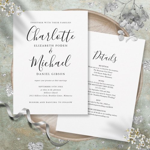 All In One Simple Black And White Script Wedding Invitation