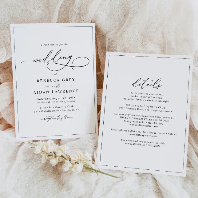 All-In-One Simple Classic Black & White Wedding Invitation
