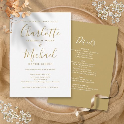 All In One Simple Elegant Gold Script Wedding Invitation