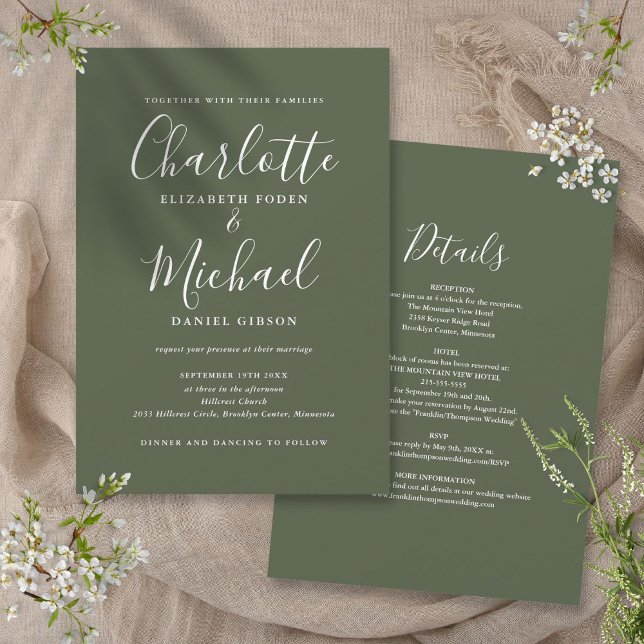 All In One Simple Elegant Script Olive Wedding Invitation (All In One Simple Elegant Script Olive Wedding Invitation)