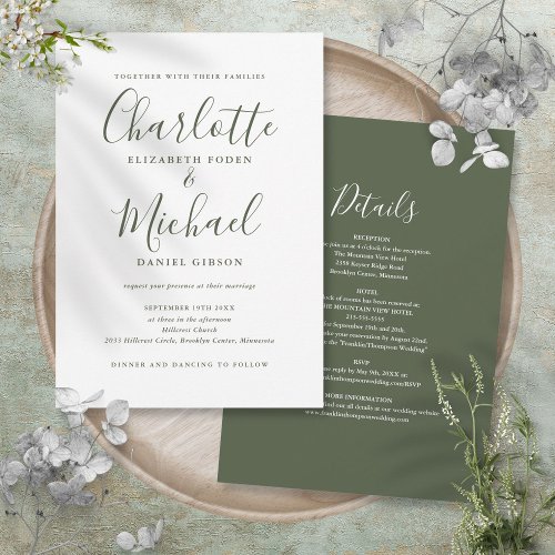 All In One Simple Olive Green Script Wedding Invitation