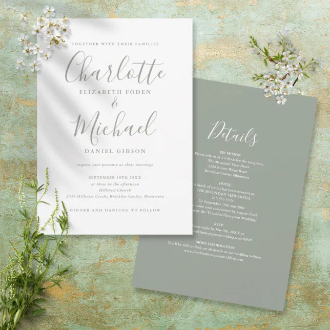 All In One Simple Sage Green Script Wedding Invitation | Zazzle