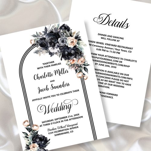 All In One Smokey Black Floral Arch Wedding Invitation
