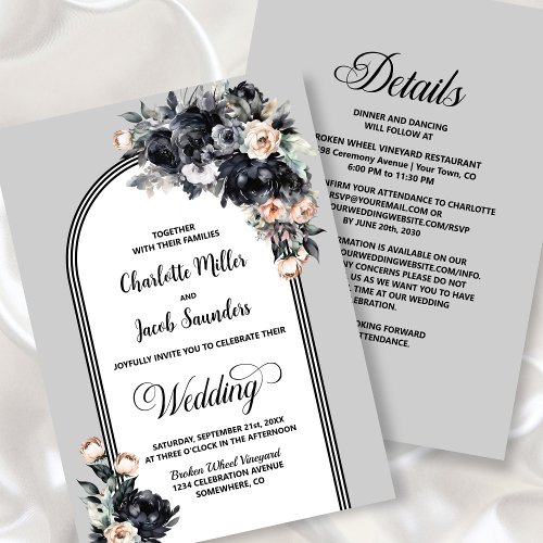 All In One Smokey Black Floral Grey Arch Wedding Invitation