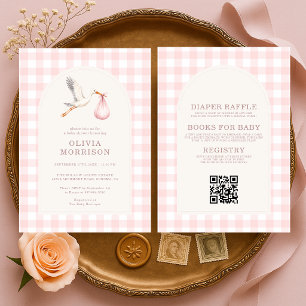 All in One Stork Gingham Pink Girl Baby Shower Invitation