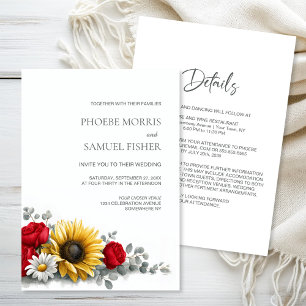 All in One Sunflower and Red Rose Floral Wedding Invitation