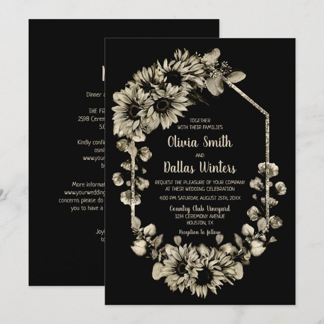 All In One Sunflower Black Wedding Invitation (Front/Back)
