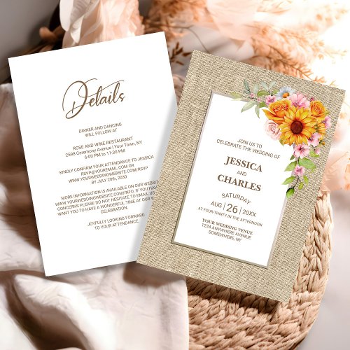 All in One Sunflower Floral Burlap Wedding Invitation