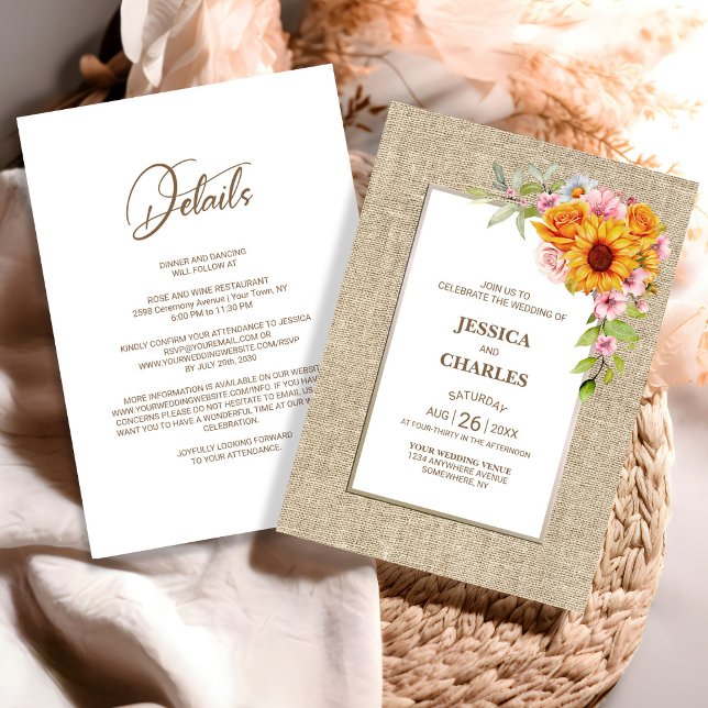 All in One Sunflower Floral Burlap Wedding Invitation (Creator Uploaded)