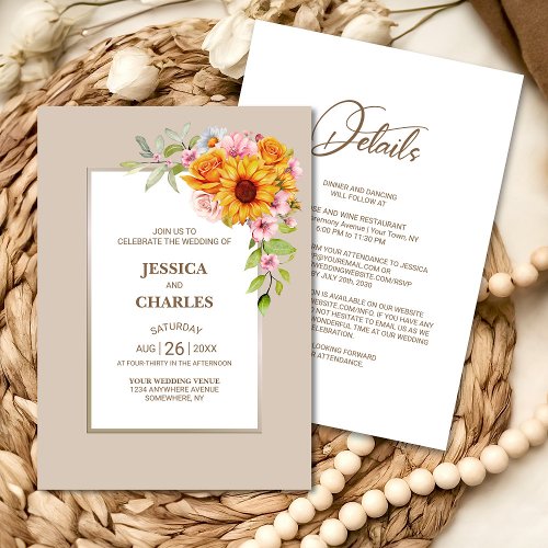 All in One Sunflower Floral Wedding Invitation