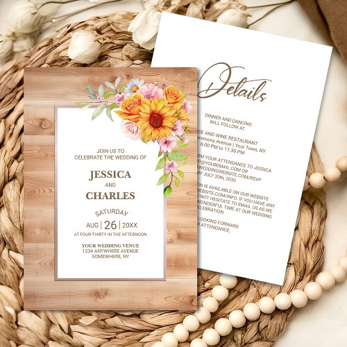 All in One Sunflower Floral Wood Wedding Invitation