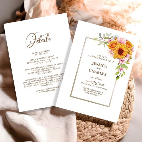 All in One Sunflower Pink Floral Wedding Invitation