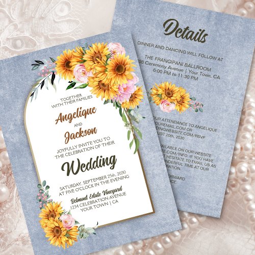 All In One Sunflower Pink Rose Grey Arch Wedding Invitation