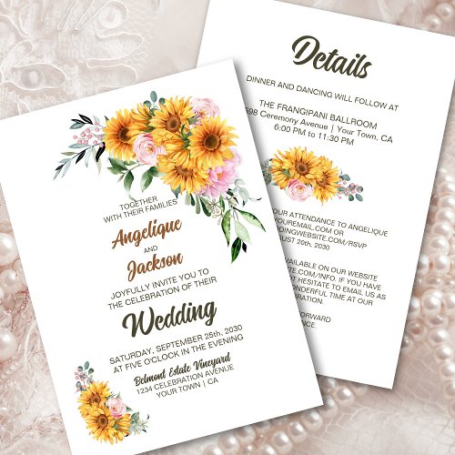 All In One Sunflower Pink Rose Wedding Invitation