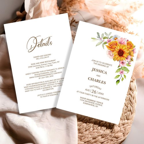 All in One Sunflower Rose Floral Wedding Invitation