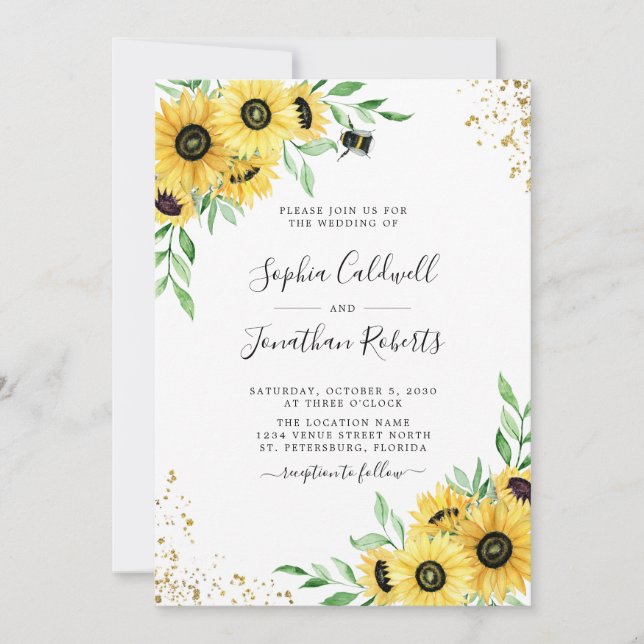 All in One Sunflowers Bumble Bee Greenery Wedding Invitation (Front)