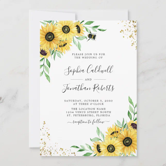 All in One Sunflowers Bumble Bee Greenery Wedding Invitation | Zazzle