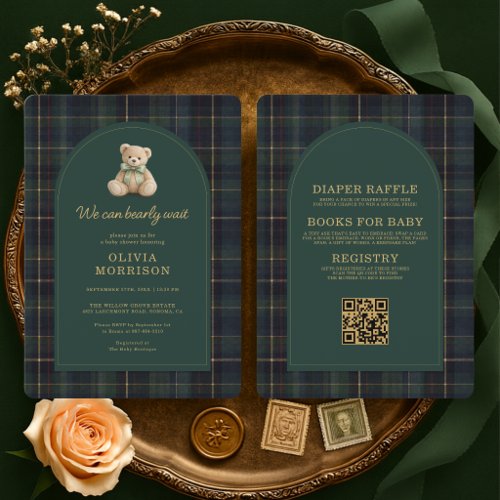 All in One Tartan Bearly Wait Green Baby Shower Invitation
