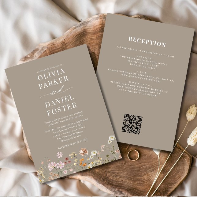 All in One Taupe Wildflower QR Code Wedding  Invitation (Creator Uploaded)
