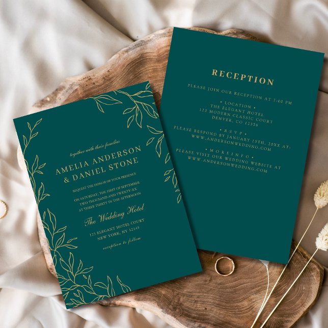 All in One Teal Green Gold Minimal Leaf Wedding  Invitation (Creator Uploaded)