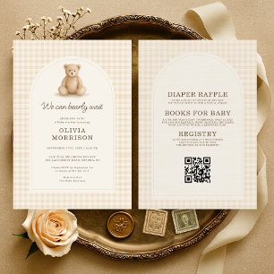 All in One Teddy Bear Gingham Bearly Wait  Invitation