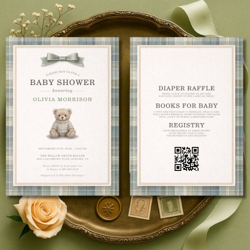 All in One Teddy Bear Green Plaid Bow Baby Shower Invitation