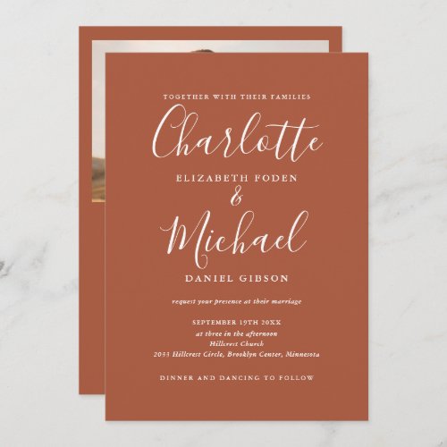 All In One Terracotta Chic Script Photo Wedding Invitation