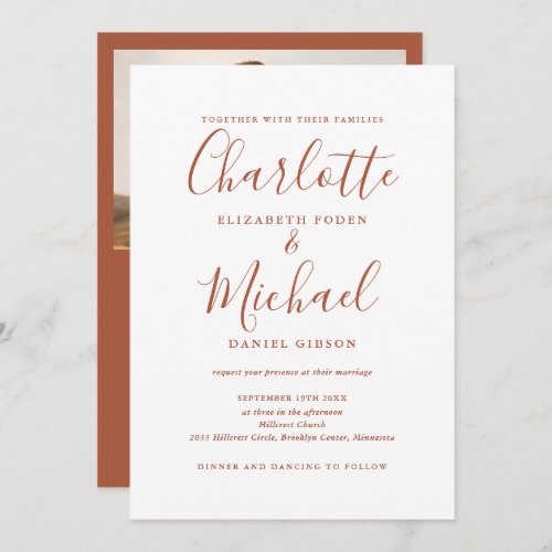 All In One Terracotta Chic Script Photo Wedding Invitation