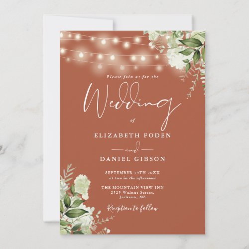 All In One Terracotta String Lights Floral Wedding Invitation