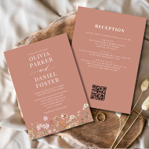 All in One Terracotta Wildflower QR Code Wedding Invitation