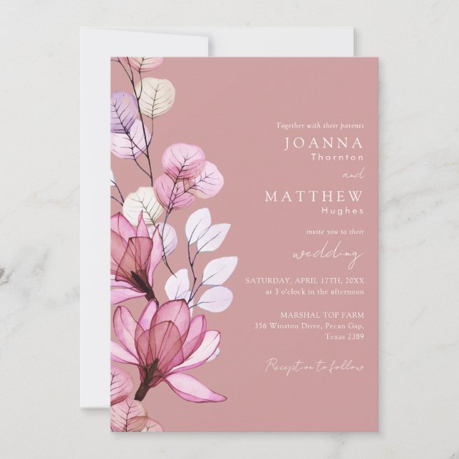 All In One Transparent Floral Dusty Rose Wedding Invitation (Front)