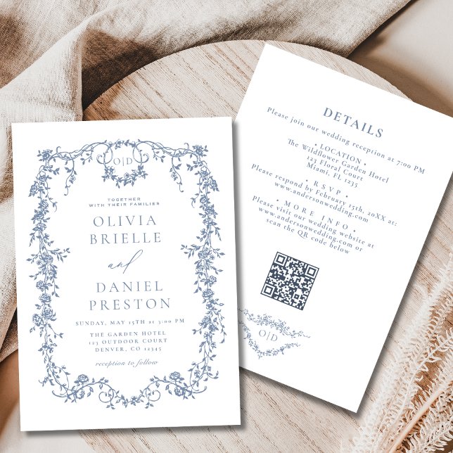 All In One Victorian Dusty Blue QR Code Wedding Invitation (Creator Uploaded)