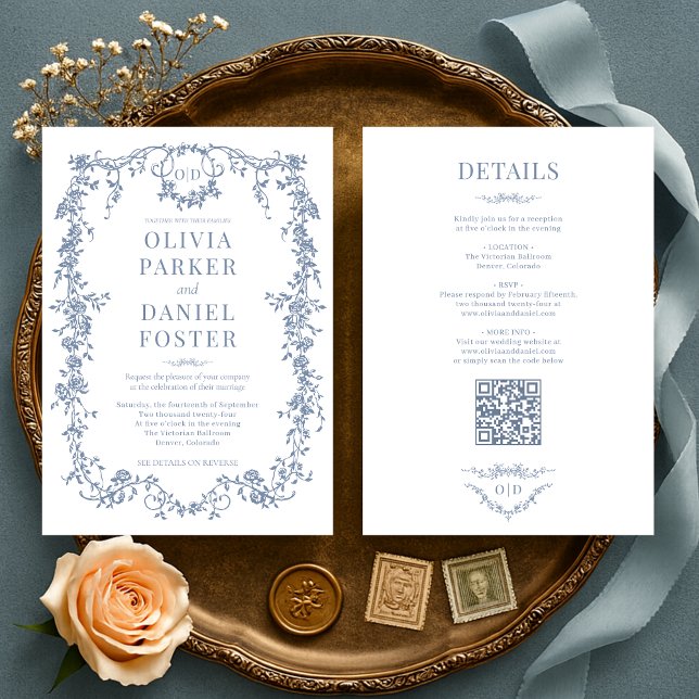 All in One Victorian Dusty Blue Wedding Monogram Invitation (Creator Uploaded)