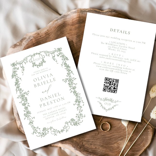 All In One Victorian Sage Green QR Code Wedding Invitation (Creator Uploaded)