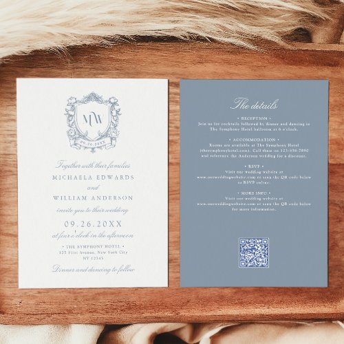 All In One Vintage Crest Monogram QR Code Wedding Invitation