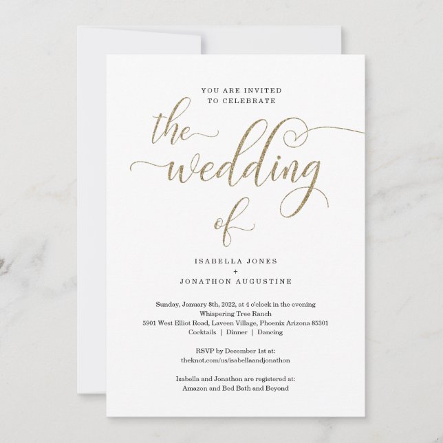 All in One w- RSVP & Registry Gold Glitter Wedding Invitation (Front)