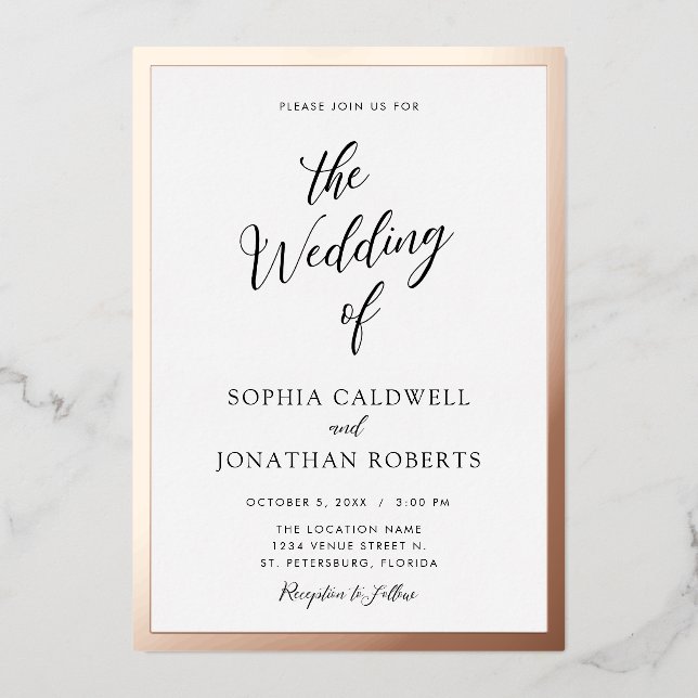 All in One Wedding Black Calligraphy Rose Gold  Foil Invitation (Front)