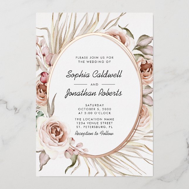 All in One Wedding Boho Floral Real Rose Gold Foil Invitation (Front)