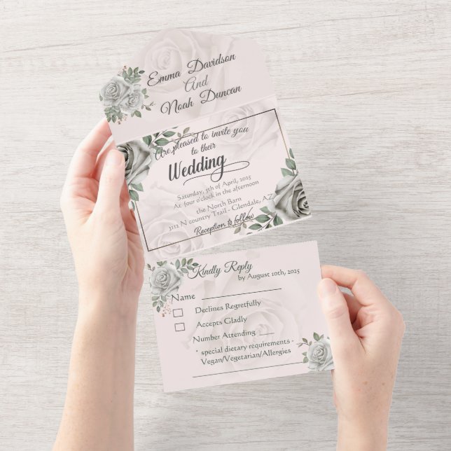 All in One Wedding Invitation and RSVP White Roses (Tearaway)
