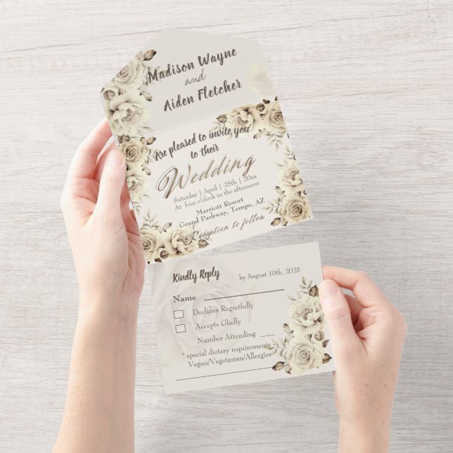 All in One Wedding Invitation and RSVP White Roses (Tearaway)