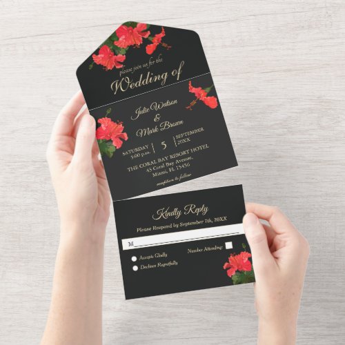 All in One Wedding Invitation with Hibiscus Flower