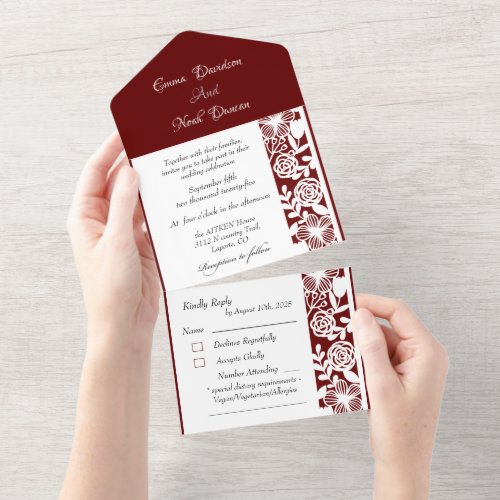 All in One Wedding Invitations and RSVP Maroon