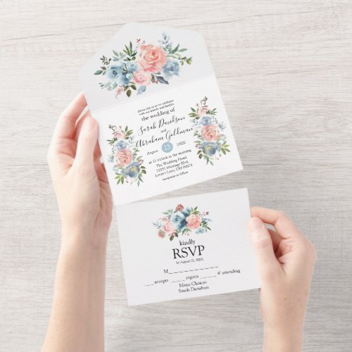 All In One Wedding Invitations Pink Blue Floral