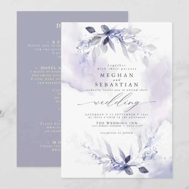 ALL in ONE Wedding Watercolor Plum Invitation (Front/Back)