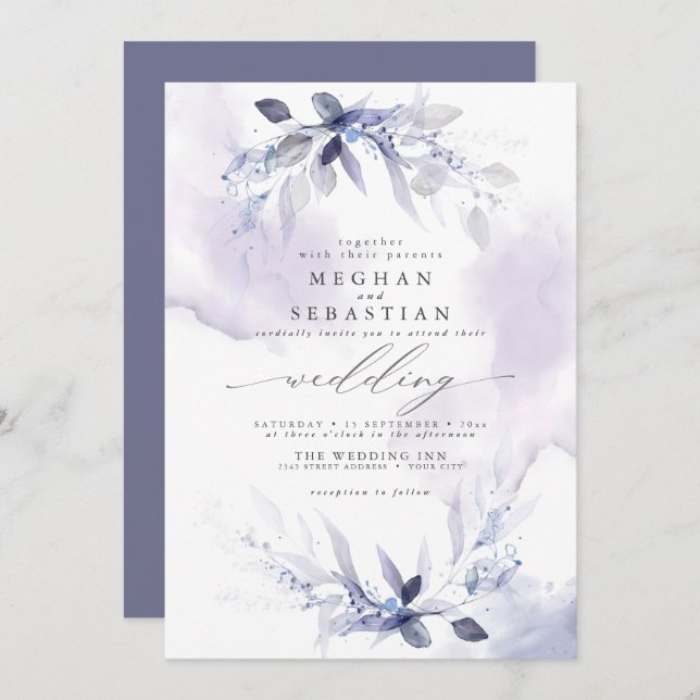 ALL in ONE Wedding Watercolor Plum Invitation (Front/Back)