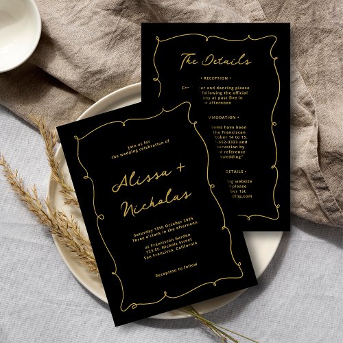 All in One Whimsical Vintage Black  Gold Wedding Invitation