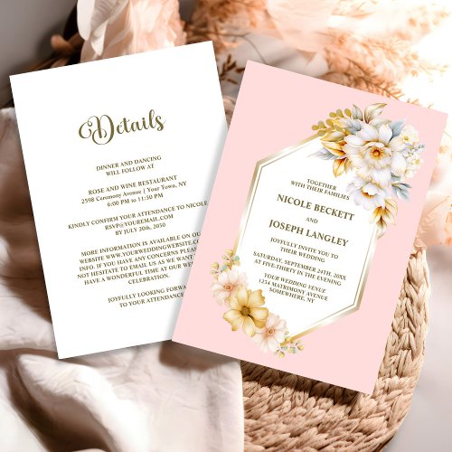 All In One White Floral Pink Geometric Wedding Invitation