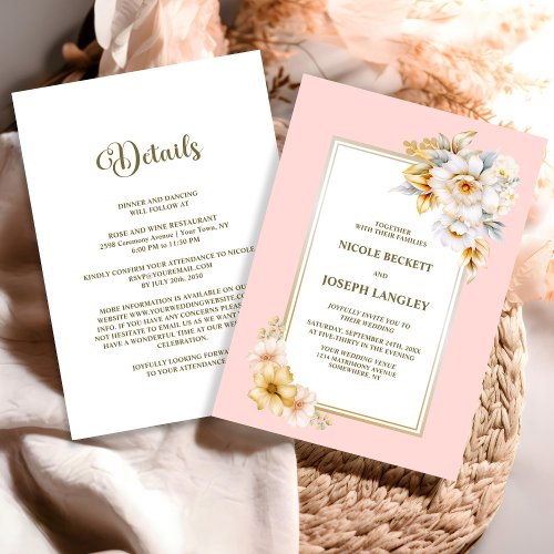 All In One White Floral Pink Wedding Invitation